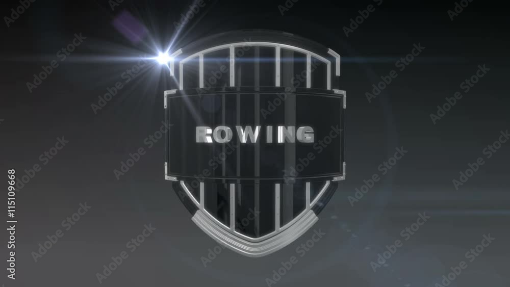Poster seamless looping 3d animation of the word rowing on a shield – chrome version; including alpha matte