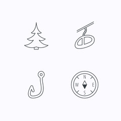 Fishing hook, teleferic and compass icons.