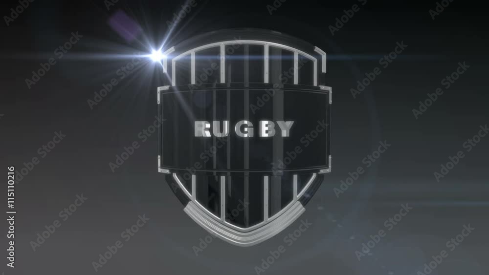 Poster seamless looping 3d animation of the word rugby on a shield – chrome version; including alpha matte