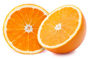 Perfectly retouched sliced halfs of oranges isolated on the white background with clipping path