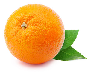 Perfectly retouched whole orange with leafs isolated on white background whith clipping path