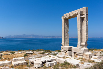 Amazing View of Agean sea and Portara, Apollo Temple Entrance, Naxos Island, Cyclades, Greece