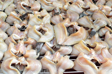 Fish drying on a pier in in Thailand of Asia