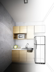 abstract sketch design of interior kitchen ,3d rendering