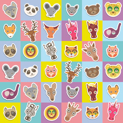 Set of funny animals muzzle seamless pattern with pink lilac blue yellow square. Vector