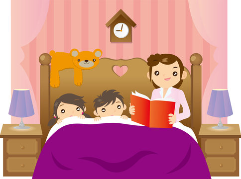 Mother telling story to her 2 kids on bed