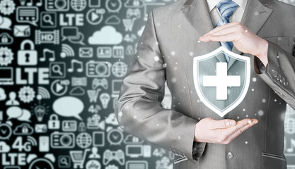 Health protection and insurance. Medical healthcare. Business in health safety. Icons background. Communication.