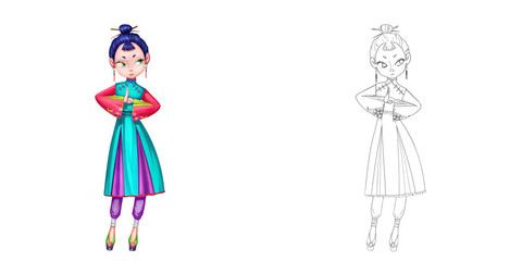 Princess 20: Female Taoist Priest, Woman Warrior, Girl Martial Artist. Coloring Book, Outline Sketch, Human Character Design isolated on White Background
