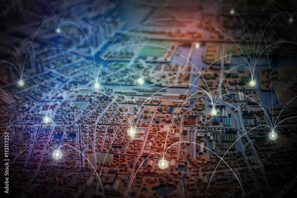 Poster modern city diorama and wireless sensor network, sensor node and connecting line, internet of things, abstract image visual