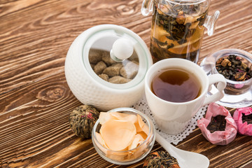 Tea cups with teapot on old wooden table