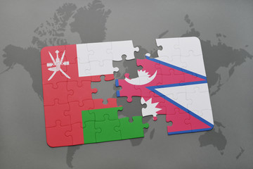puzzle with the national flag of oman and nepal on a world map background.