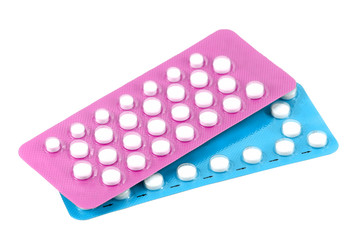 Oral contraceptive pill strips isolated on white background.