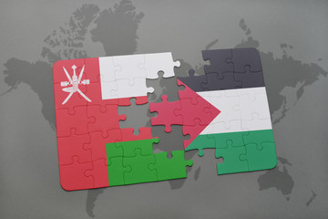 puzzle with the national flag of oman and palestine on a world map background.