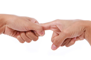 Trigger finger.Woman stretching Forefinger isolated on white background.