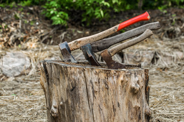 old axe stuck in a stump, on  background of straw