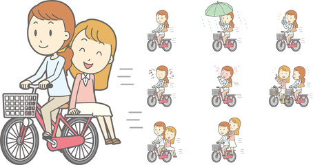 自転車に乗る女性(傘さし運転や二人乗りなどの交通違反シーンをセット)
