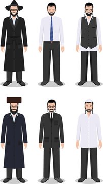 Set of different standing jewish men in the traditional clothing isolated on white background in flat style. Differences jewish people in the traditional dress. Vector illustration.
