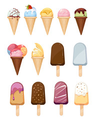 Ice cream vector set. Sweet ice cream with chocolate, dessert ice cream vanilla with strawberry illustration