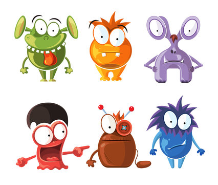 Cartoon cute character monsters vector set. Crazy monsters with funny grimace, bizarre monster illustration