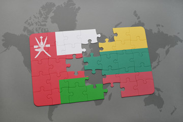 puzzle with the national flag of oman and lithuania on a world map background.