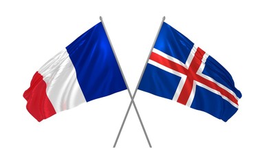 3d illustration of Iceland and France flags together waving in the wind