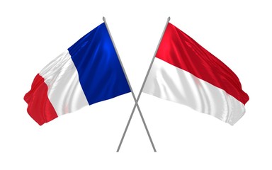 3d illustration of Indonesia and France flags together waving in the wind