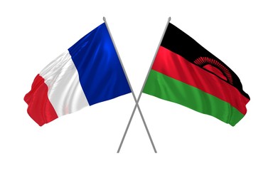 3d illustration of Malawi and France flags together waving in the wind