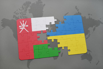 puzzle with the national flag of oman and ukraine on a world map background.