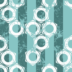 Vector seamless patterns with mechanism of screw nuts and stripes. Creative geometric blue pastel  grunge backgrounds. Texture with cracks, ambrosia, scratches, attrition. Graphic illustration.