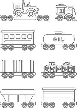 Coloring pages. Set of different silhouettes children toys railway transportation flat linear vector icons isolated on white background. Vector illustration.