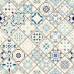 Mega Gorgeous seamless patchwork pattern from colorful Moroccan tiles, ornaments. Can be used for wallpaper, fills, web page background,surface textures. Gold and red color. Christmas style. - obrazy, fototapety, plakaty