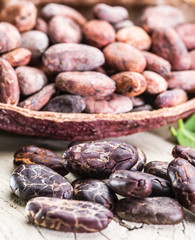 Cocoa pod and Cocoa beans on the wooden table.