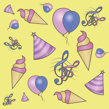 Summer party pattern with hand drawn balloons music icecream and birthday hat 