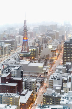 Sapporo TV Tower in Sapporo, snowy day, Hokkaido, Japan.
