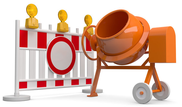 3d Stra&szlig;enabsperrung mit Baugitter und Bauger&auml;ten wegen einer Baustelle