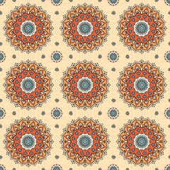 Seamless hand drawn mandala pattern for printing on fabric or paper. Vintage decorative elements in oriental style. Islam, Arabic, indian, turkish,ottoman motifs.  Vector illustration.