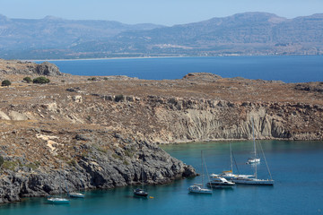 Aerial view of sea marina at the Lindos, Greece
