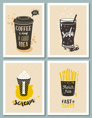 Posters with coffee cup, glass of soda, ice cream cone and french fries silhouettes with lettering and blots and stains. Vector illustration design template, eps10.
