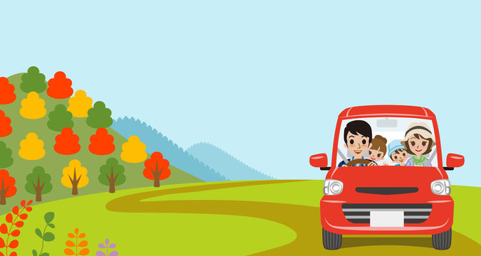 Car Driving in Autumn nature, Young Family  - Front view