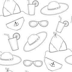Seamless pattern with sun glasses, bikini, hat, coctail
