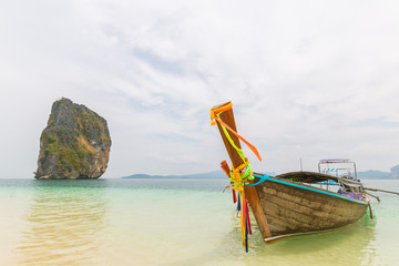 Fototapeta na wymiar Thai boats and landmark at Po-da island, Krabi Province, Andaman