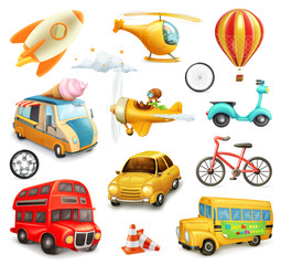 Lustige Cartoon-Transport, Autos und Flugzeuge Set von Vektor-Icons