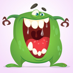 Green slimy monster with big teeth and mouth opened wide. Halloween vector monster character. Cartoon alien mascot isolated on white
