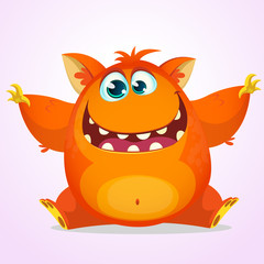 Vector cartoon of an orange fat and fluffy Halloween monster. Cute monster with big ears smiling and waving. Monster logo or icon. Illustration of a silly cartoon monster with a big smile wants a hug © drawkman