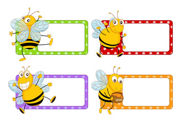 Square labels with happy bees