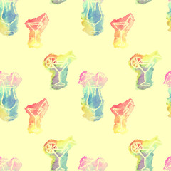 Seamless pattern with watercolor cocktails in beautiful bright colors