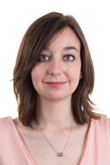 beautiful young business girl portarit in salmon cloths isolated over a white background