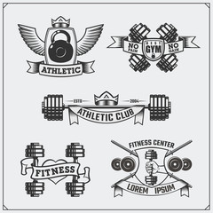 Collection of black and white fitness labels, emblems, badges, logos and design elements.