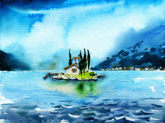 kleines einsames Haus mit Zypresse auf der Insel © artsandra