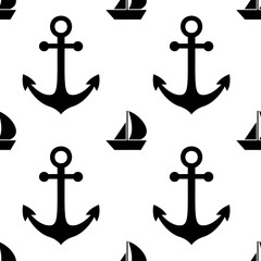 Vector black and white nautical seamless pattern. Cute design